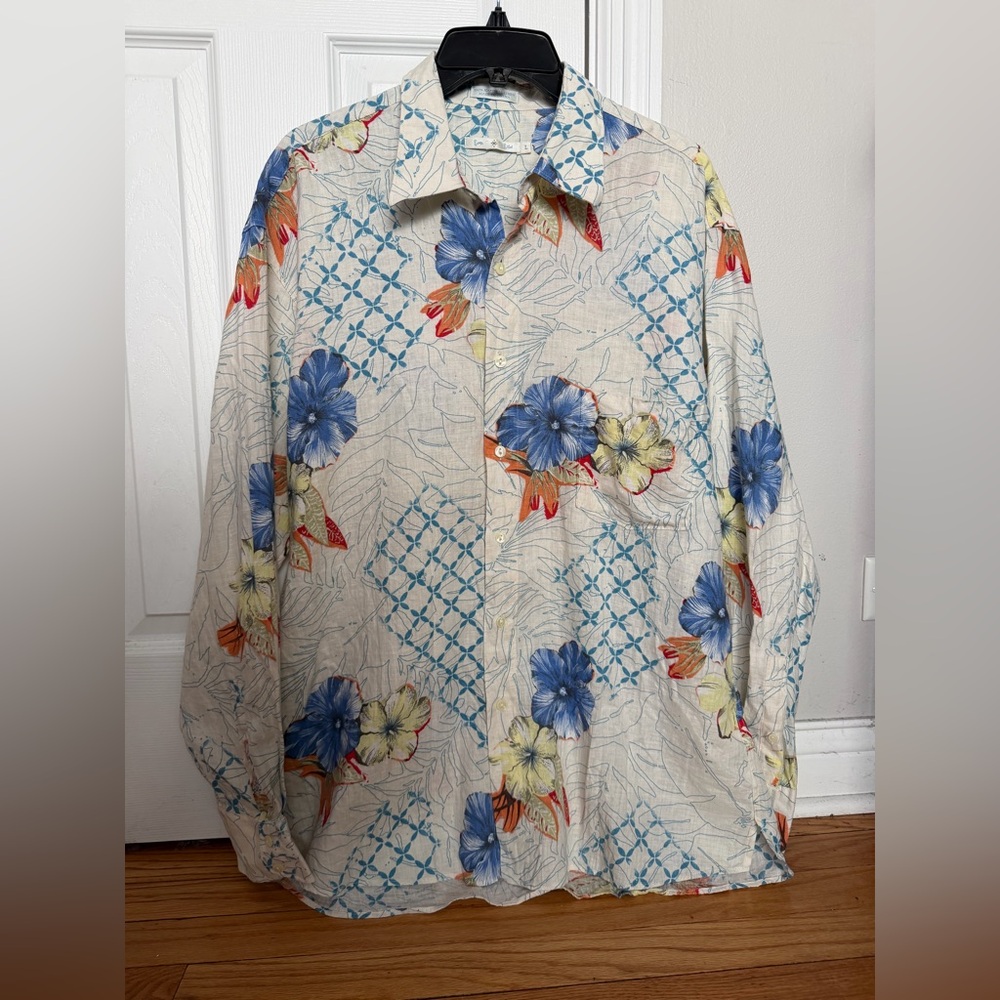 100% Linen Floral Tropical Hawaiian Pattern Button-Down Shirt lattice coastal L